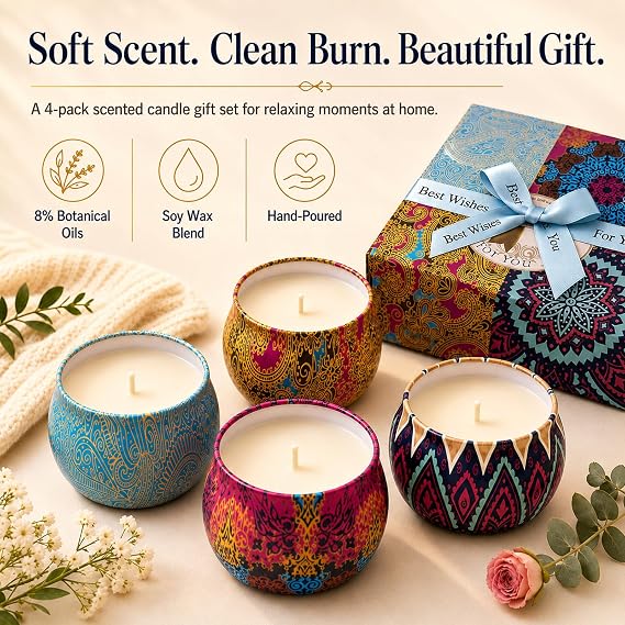 Scented Candles Gift Set for Women, 4 Pack Soy Wax Candles in Classic Bohemian Tins, Aromatherapy Candle Set, Birthday Gifts for Mom, Thank You Gifts